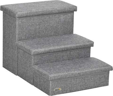 Light Grey 3 Step Dog Stairs with Storage Boxes Pet Steps 63.5cm