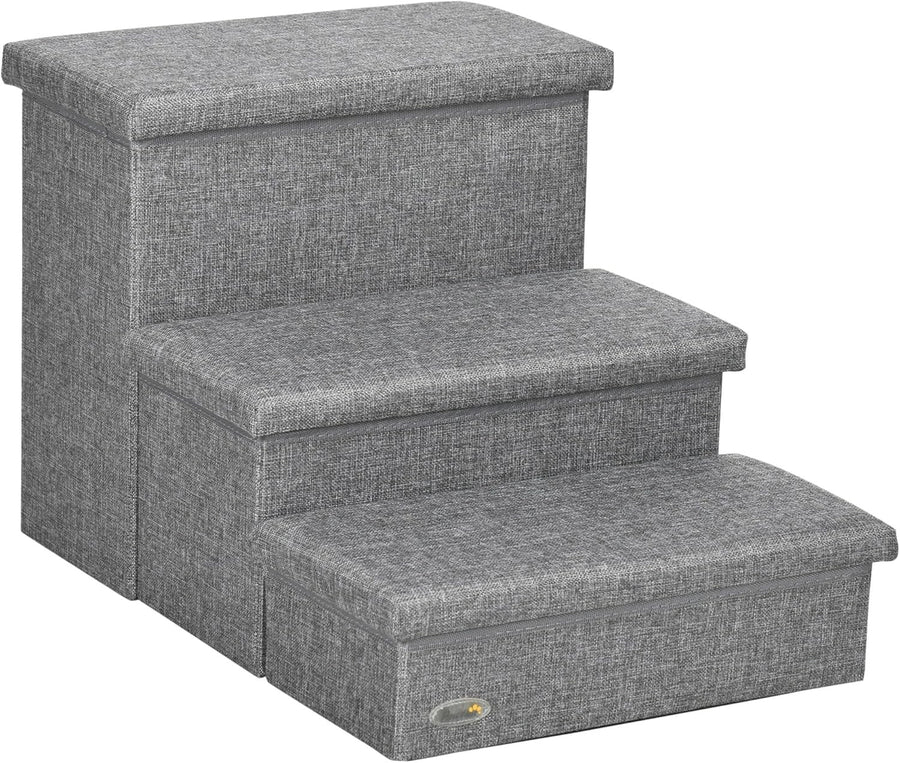 Light Grey 3 Step Dog Stairs with Storage Boxes Pet Steps 63.5cm