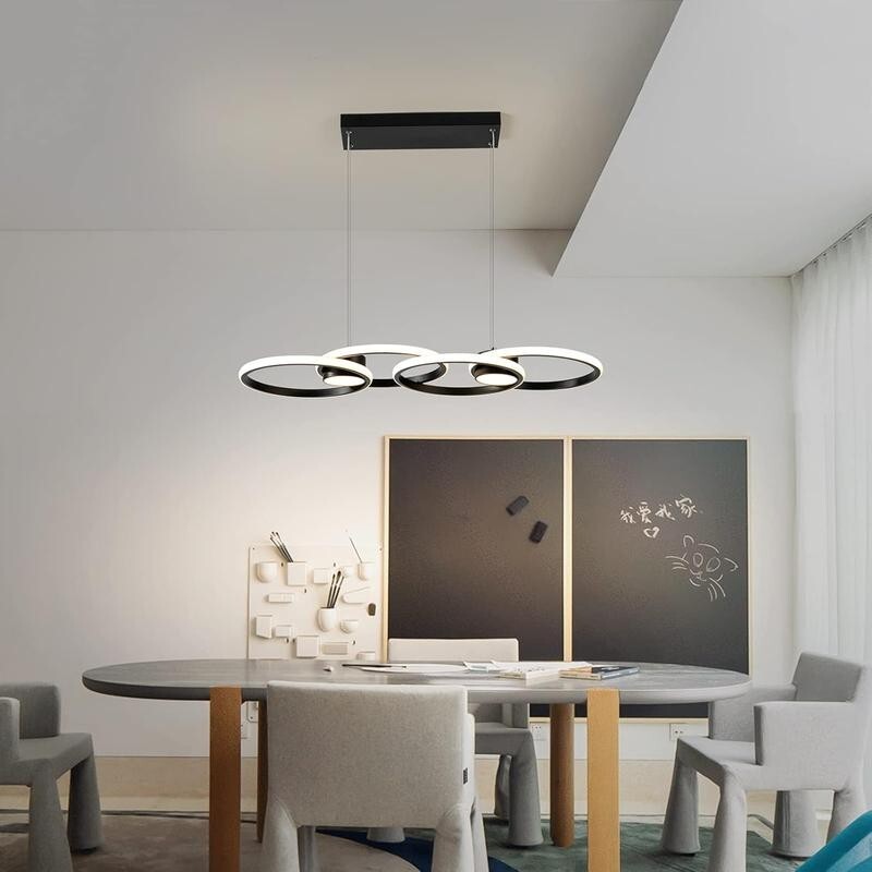 Black LED Ring Chandelier 4 Ring Dimmable Pendant Light for Kitchen