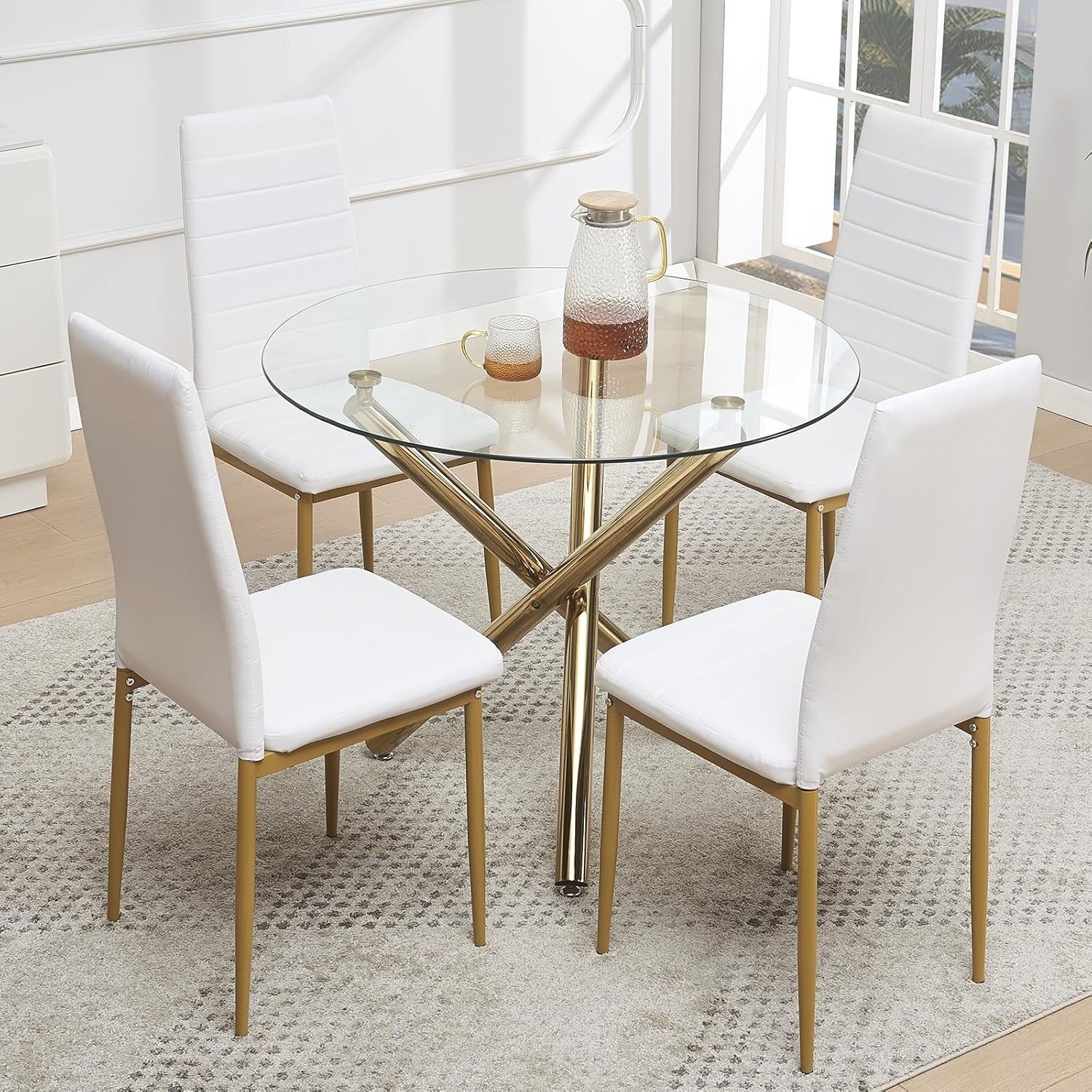 Modern Round Glass Dining Table Set with 4 Chairs | Gold Legs | Space Saving