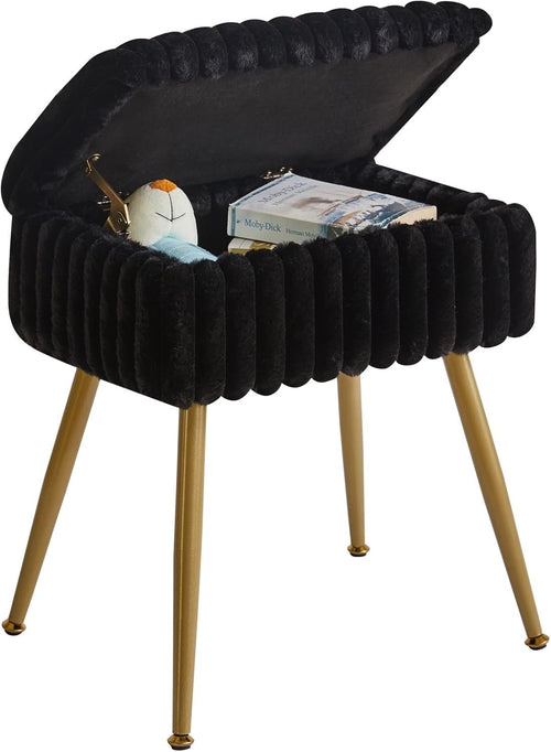 Black Velvet Vanity Stool with Storage – Rectangular Makeup Chair