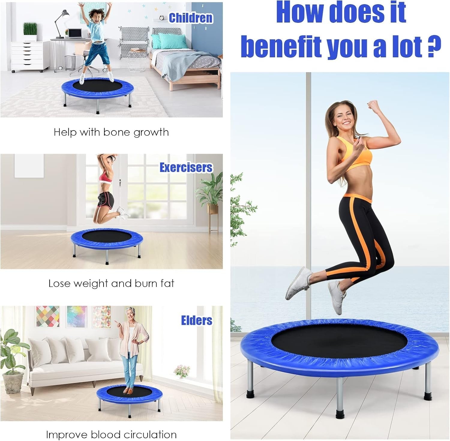 38in Foldable Fitness Rebounder Trampoline Indoor Outdoor 150kg