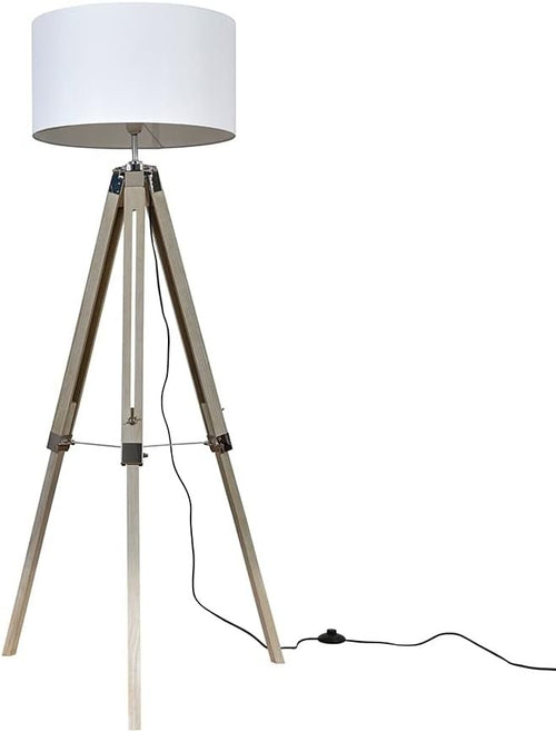 White Wood Tripod Floor Lamp Chrome Legs Drum Shade Modern Standing Light