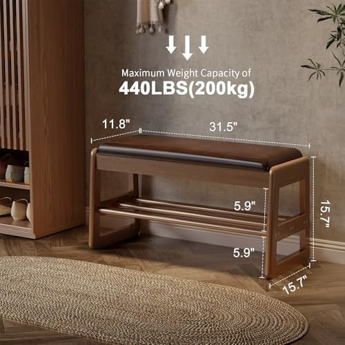 Small Flip-Top Shoe Bench with Cushion | 2-Tier Walnut Shoe Rack for Entryway