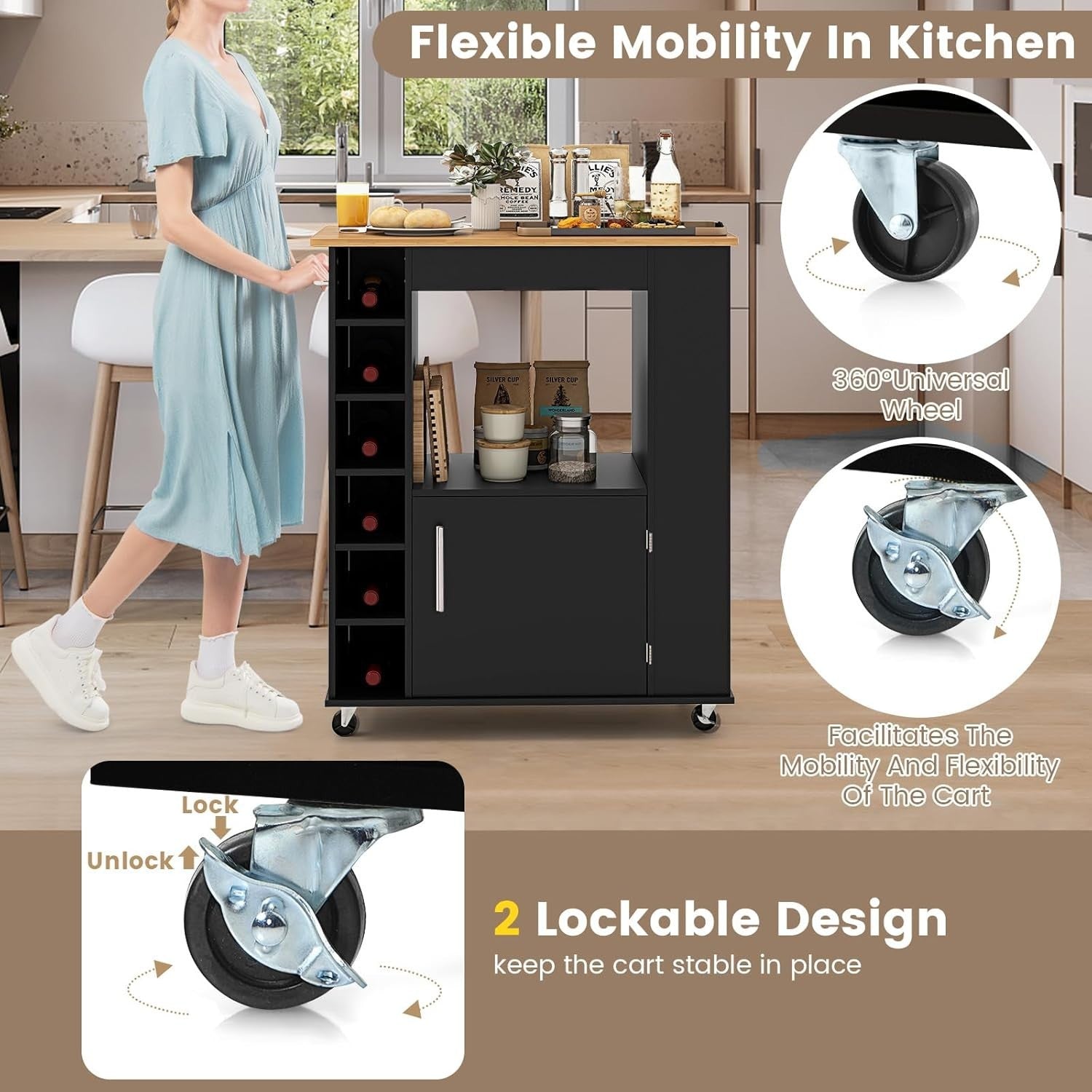 Rolling Kitchen Island Cart Bamboo Top Wine Rack Black