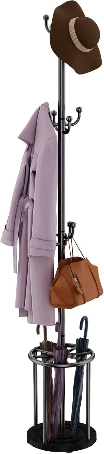 Black Metal Coat Rack Stand | 12 Hook Freestanding Hall Tree with Umbrella Base
