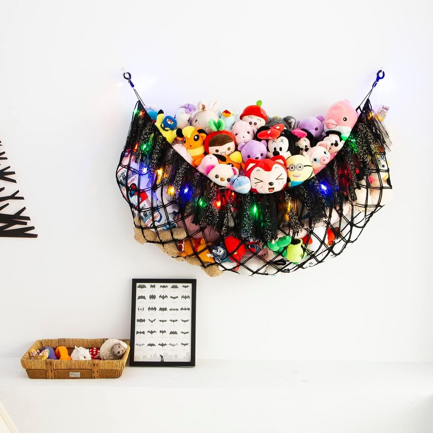 Extra Large Black Toy Hammock with LED Lights – Plush Animal Wall Storage
