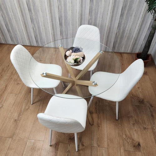 Round Glass Dining Table Set with 4 White Leather Chairs Oak Metal Legs