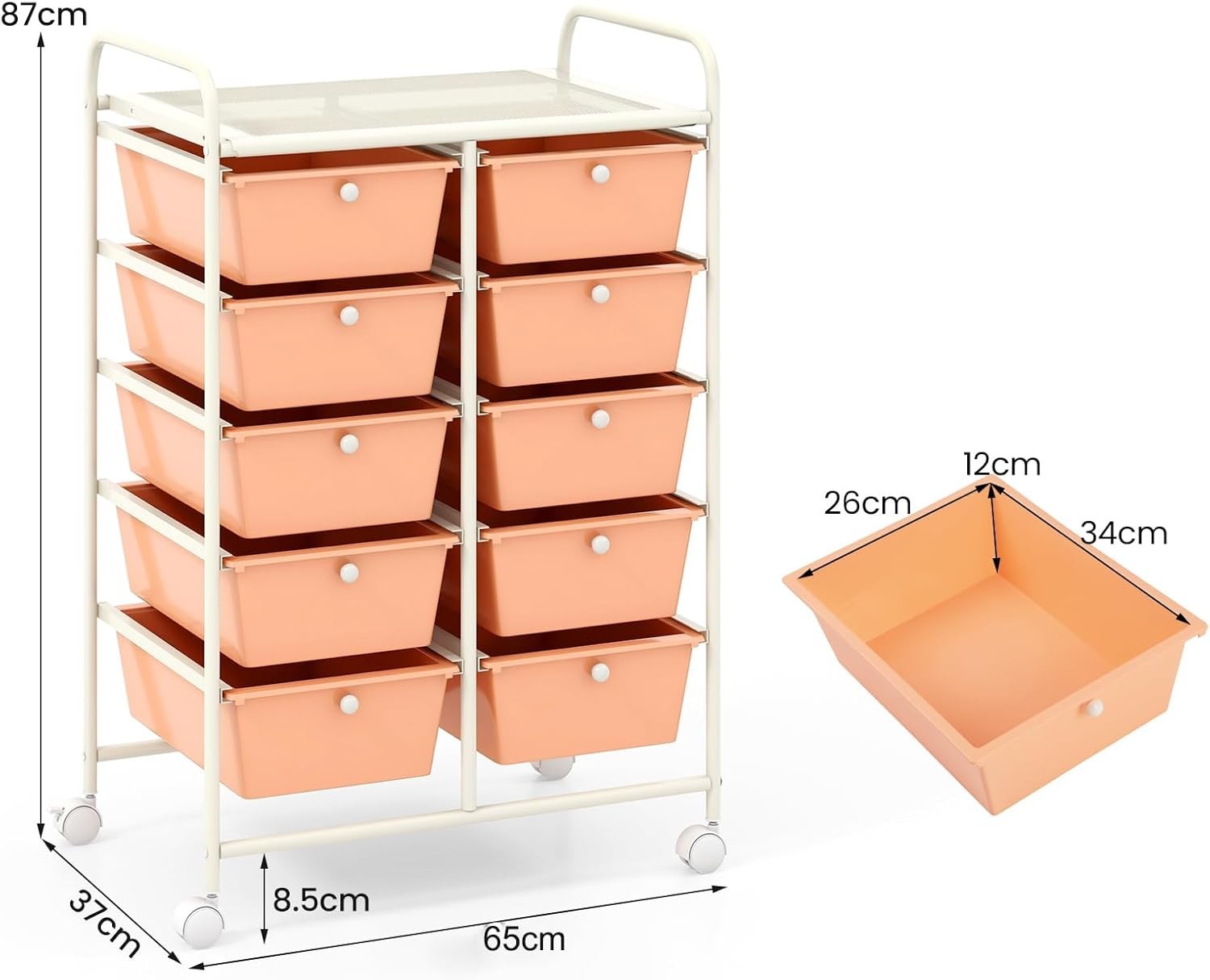Peach 10 Drawer Rolling Storage Cart Utility Trolley Beauty Organizer