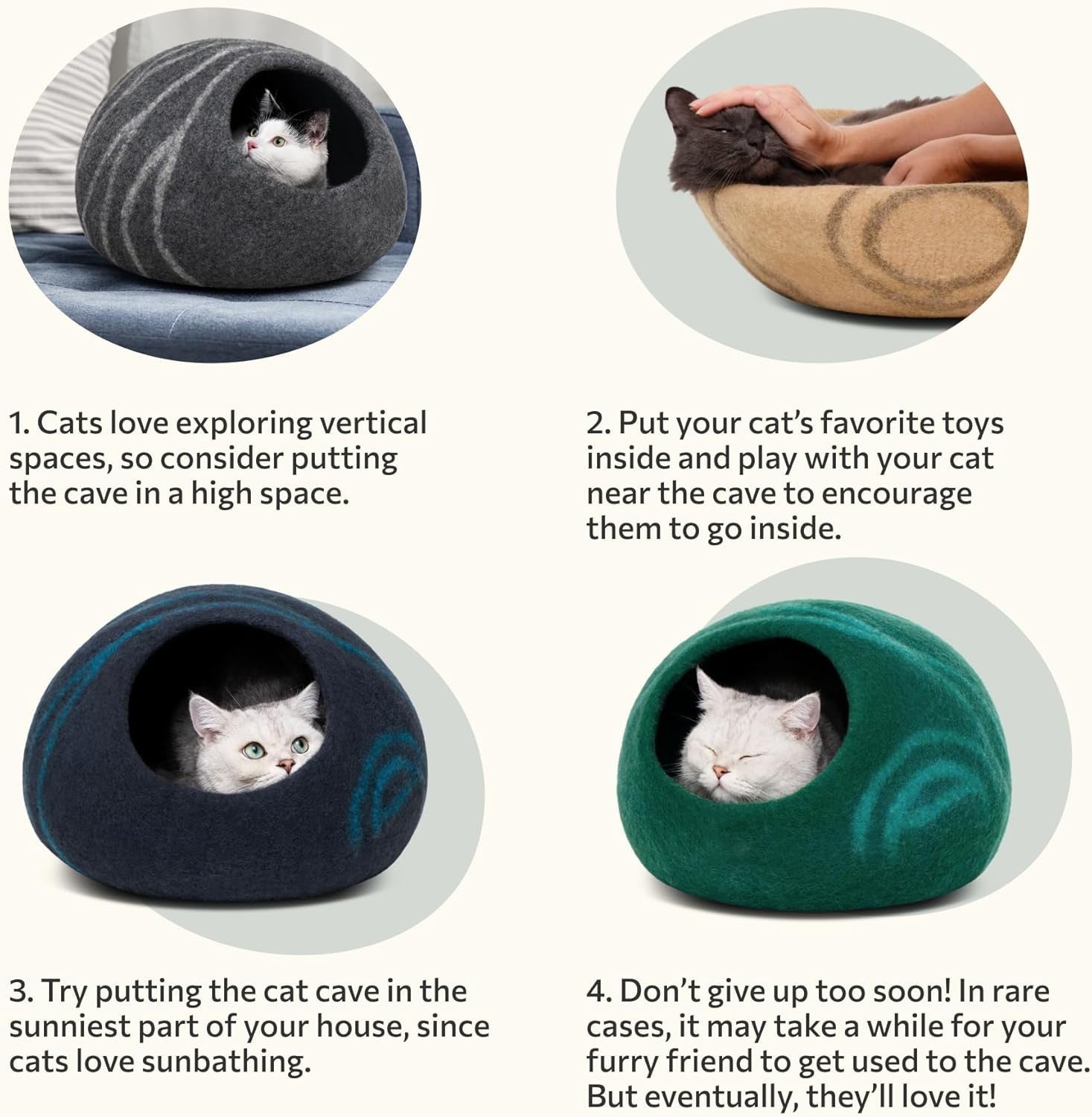 Large Felt Cat Cave Bed Handmade Merino Wool Indoor Cat House Beige