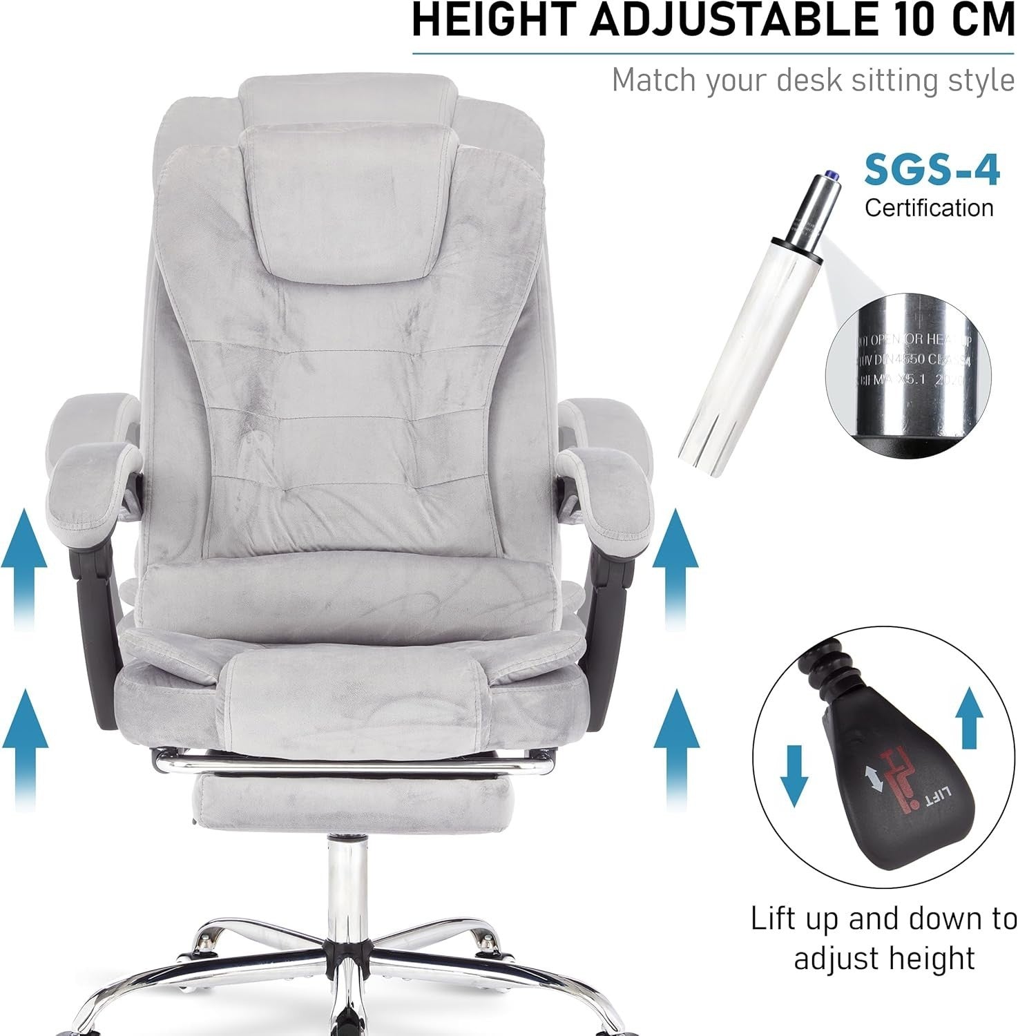 Velvet Grey Executive Office Chair Recliner Footrest Ergonomic Swivel Desk Lumba