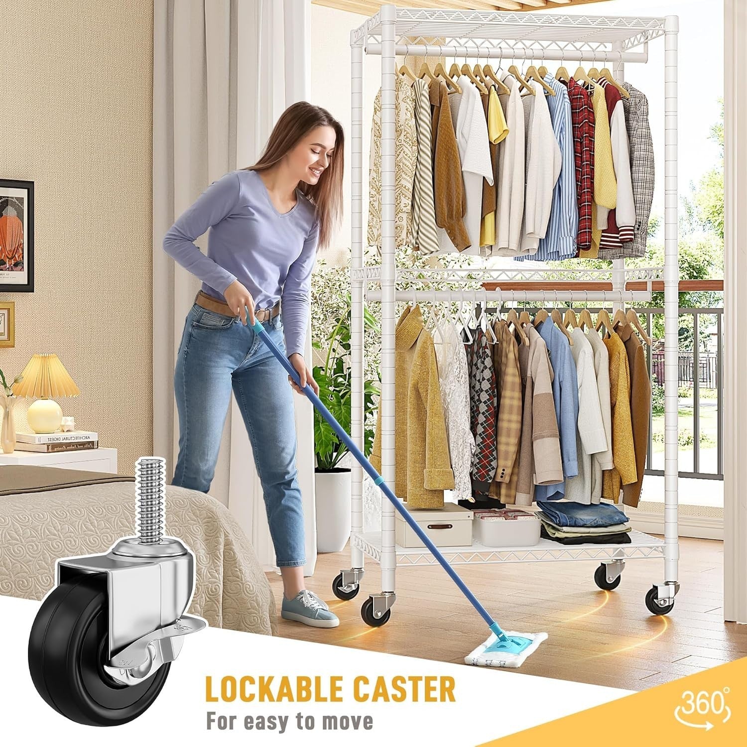 Heavy Duty Clothes Rail with Wheels & Shelves – White 200cm