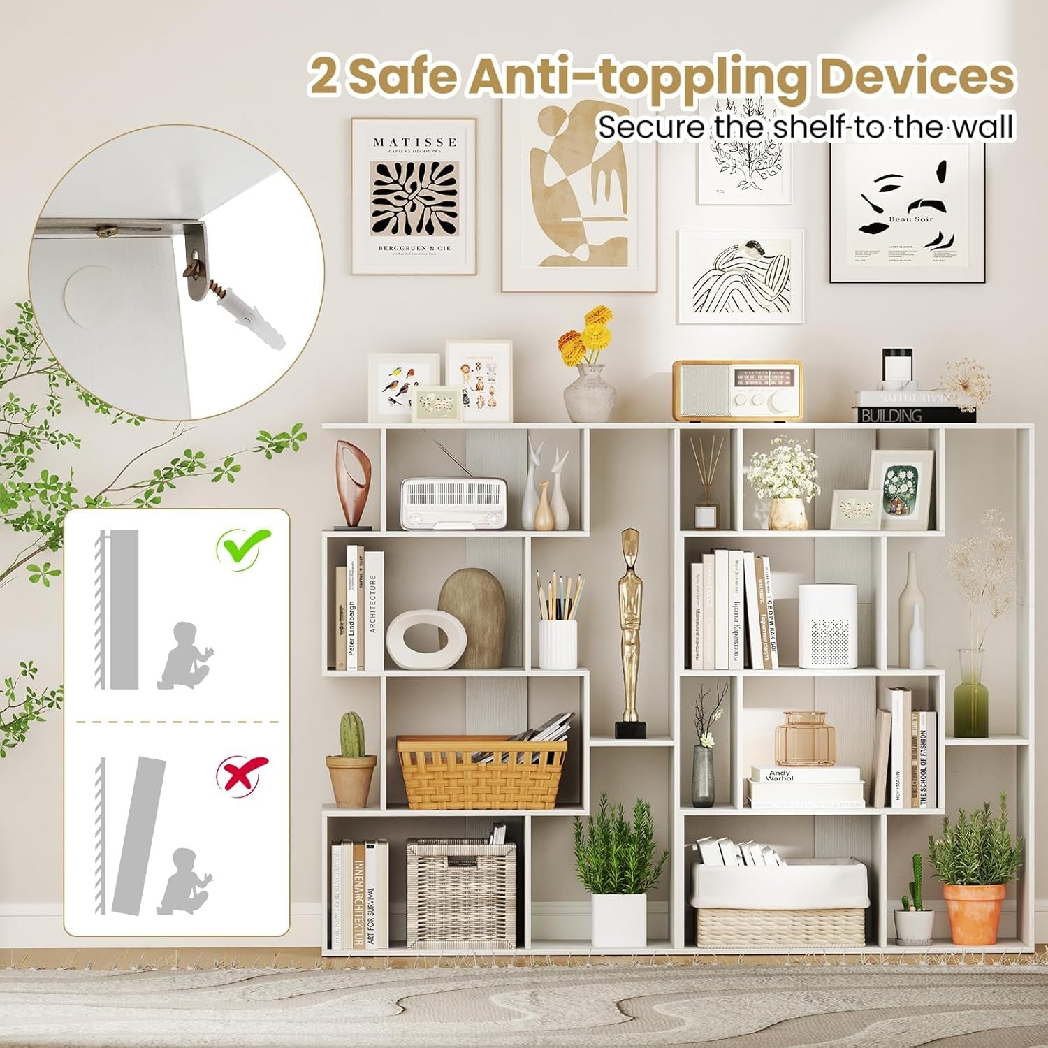 6-Cube Modern Bookshelf Freestanding Storage Unit with Anti-Tip Design White