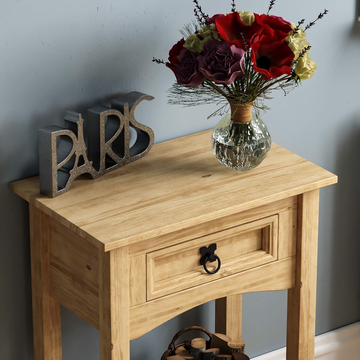Slim Console Table with Drawer & Shelf, Pine Wood, 70x50x31cm, Rustic Hallway St