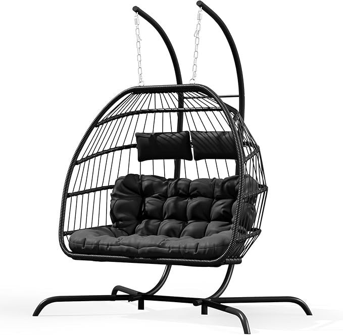 2 Seater Hanging Egg Chair with Stand – Foldable Rattan Hammock Set