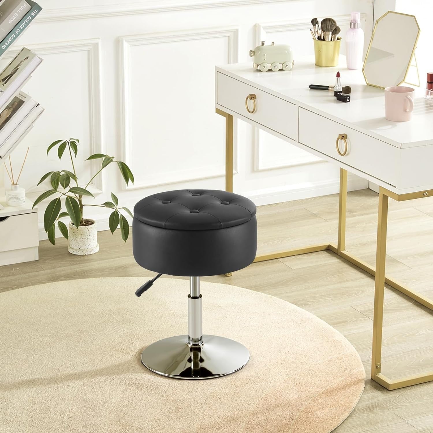 Black PU Leather Adjustable Vanity Chair – Round Swivel Makeup Stool w/ Storage