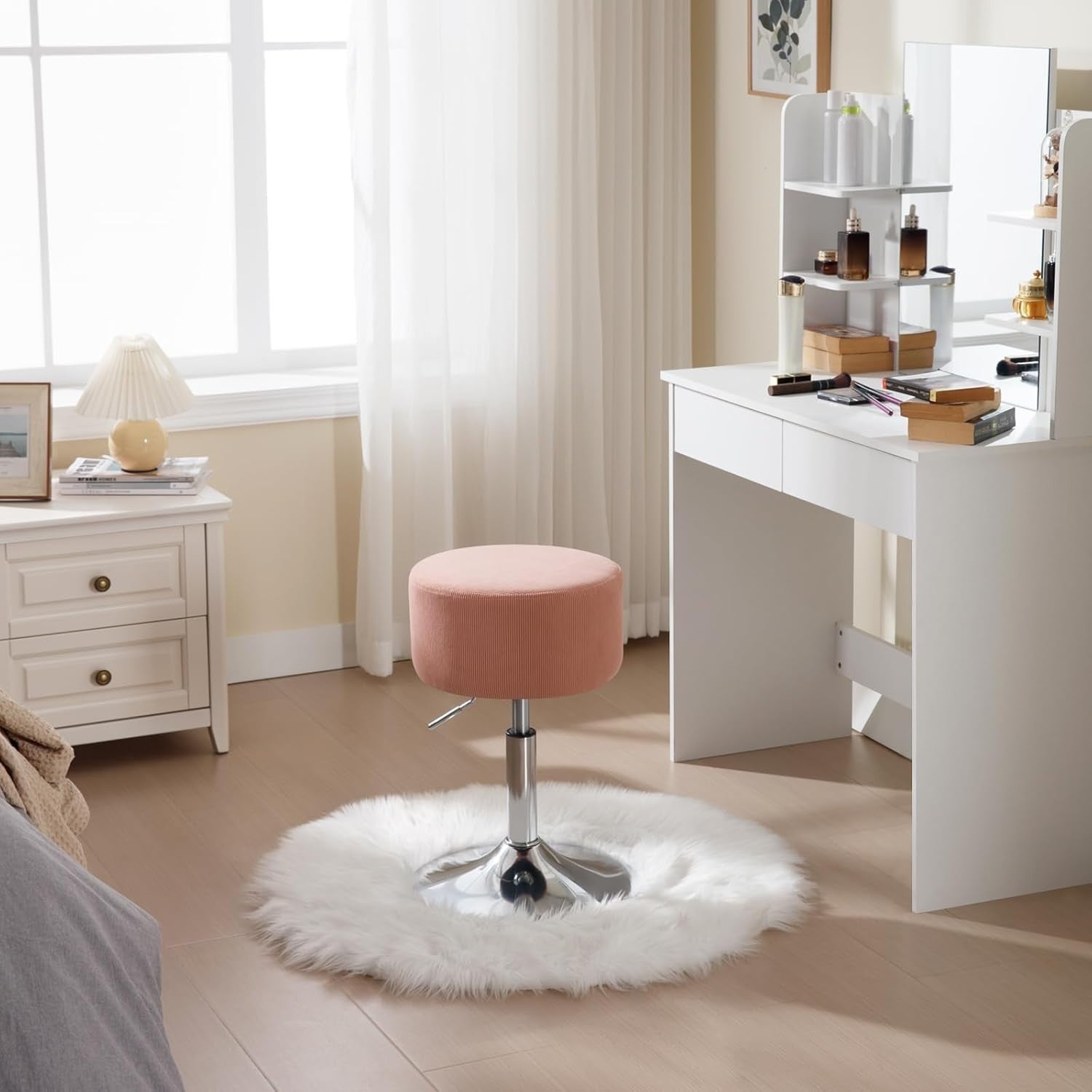 Set of 2 Pink Corduroy Swivel Stools Height Adjustable Round Vanity Seats