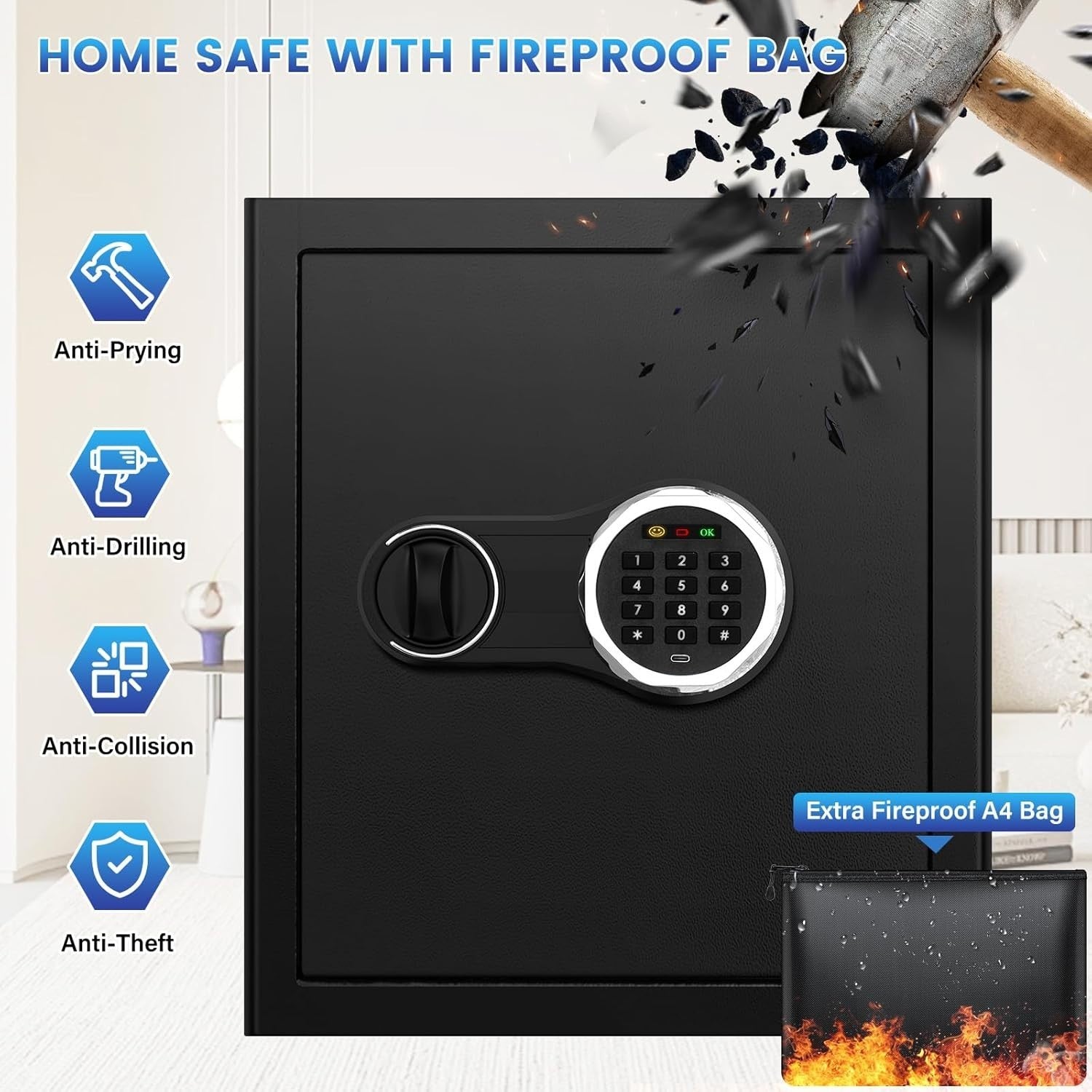43L Fireproof Safe Box Digital Keypad Security Safe with Document Bag