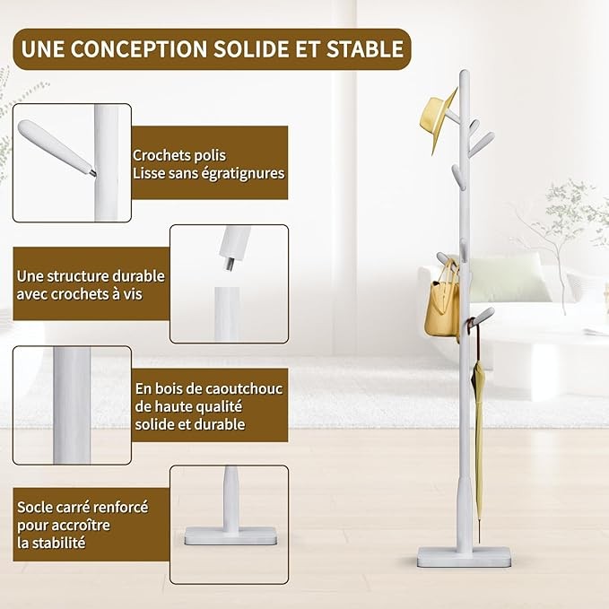 White Solid Wood Coat Rack 8 Hooks Square Base Freestanding Hall Stand