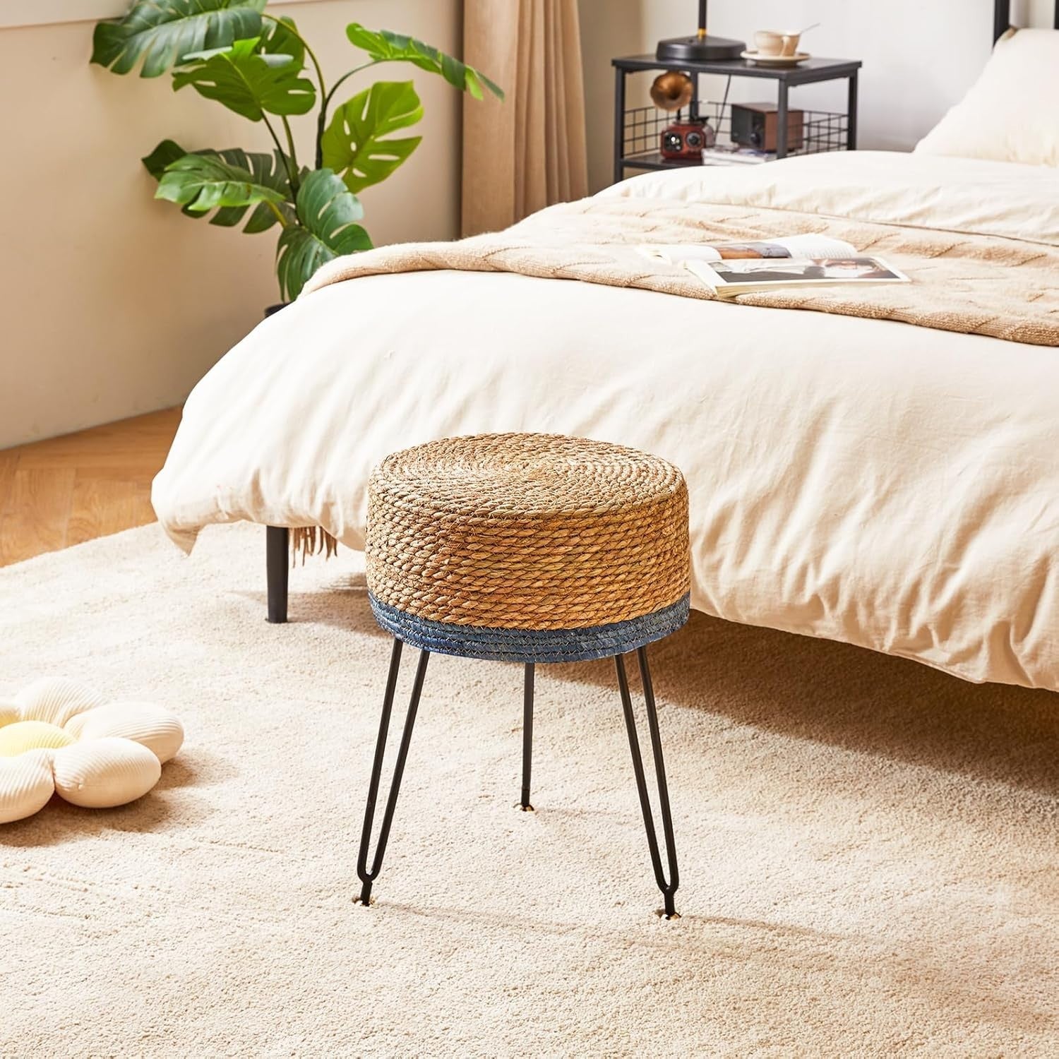 Natural & Blue Seagrass Footstool Round Pastoral Woven Stool 32×32×45cm