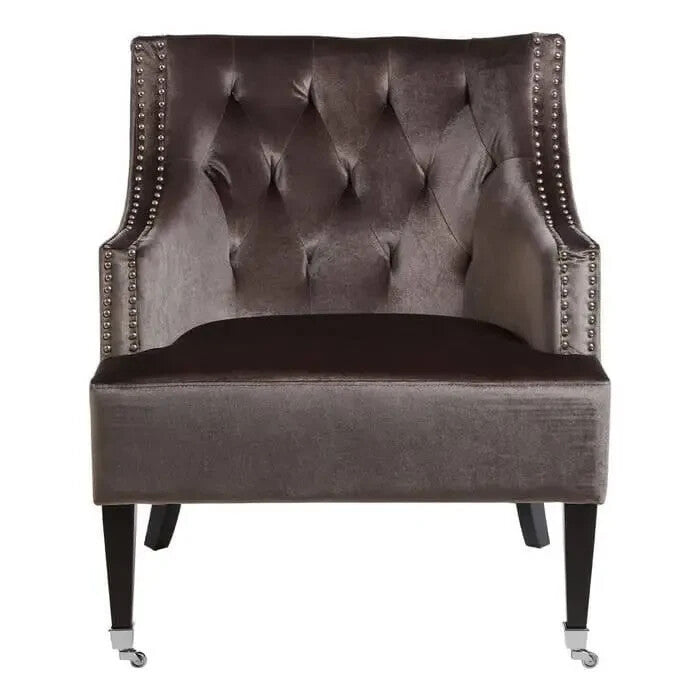 Grey Velvet Accent Chair – Tufted Armchair with Studs & Wooden Legs