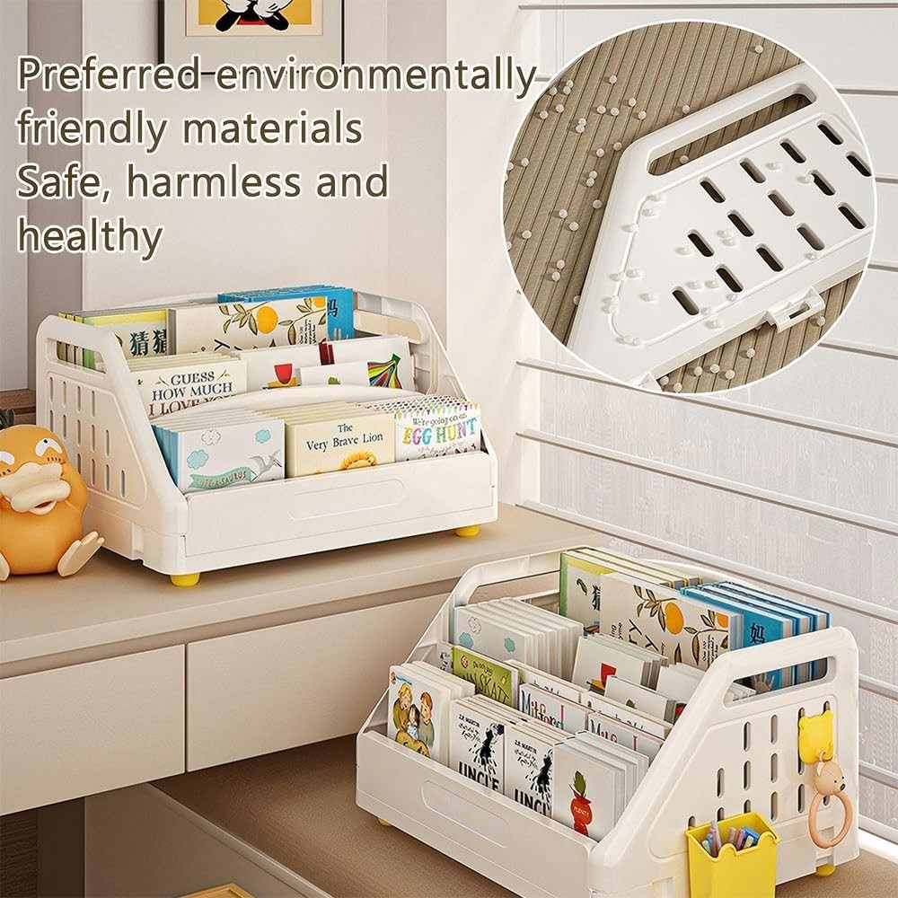 Kids 3-Tier Toddler Bookshelf, Space-Saving Plastic Book Organizer, White