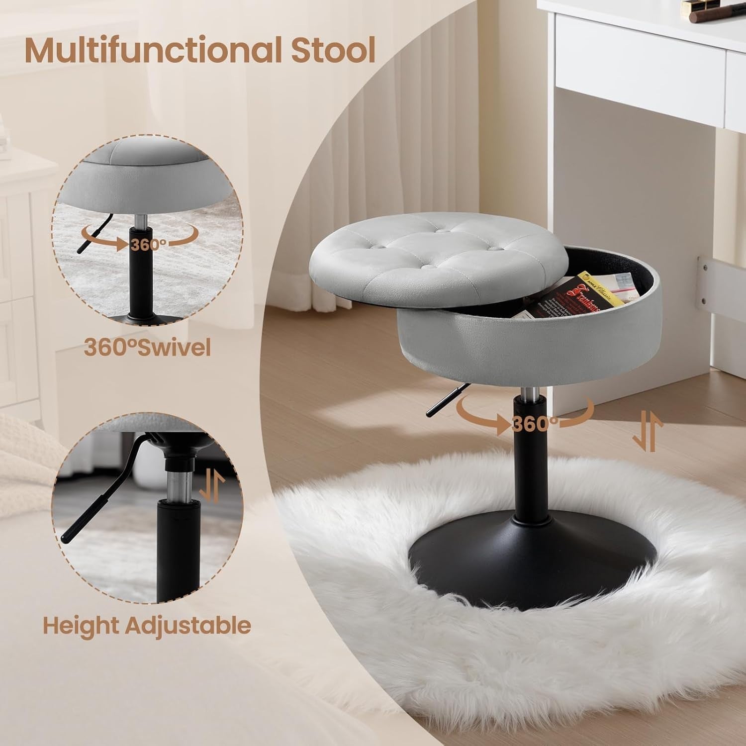 Set of 2 Light Grey Velvet Swivel Vanity Stools with Storage Adjustable