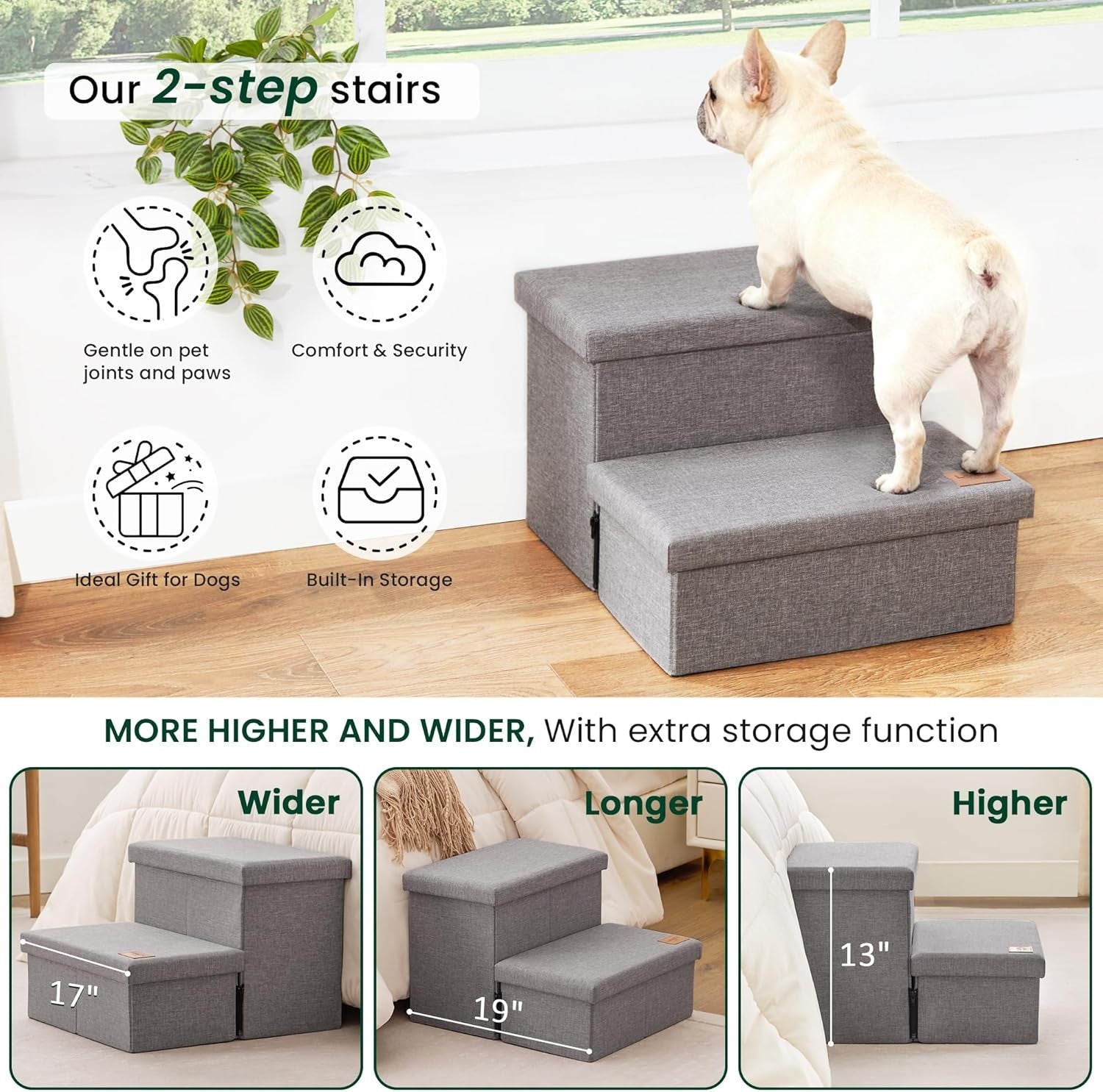 Dog Stairs with Storage 2 Step Foldable Pet Steps Ramp Grey 13" H