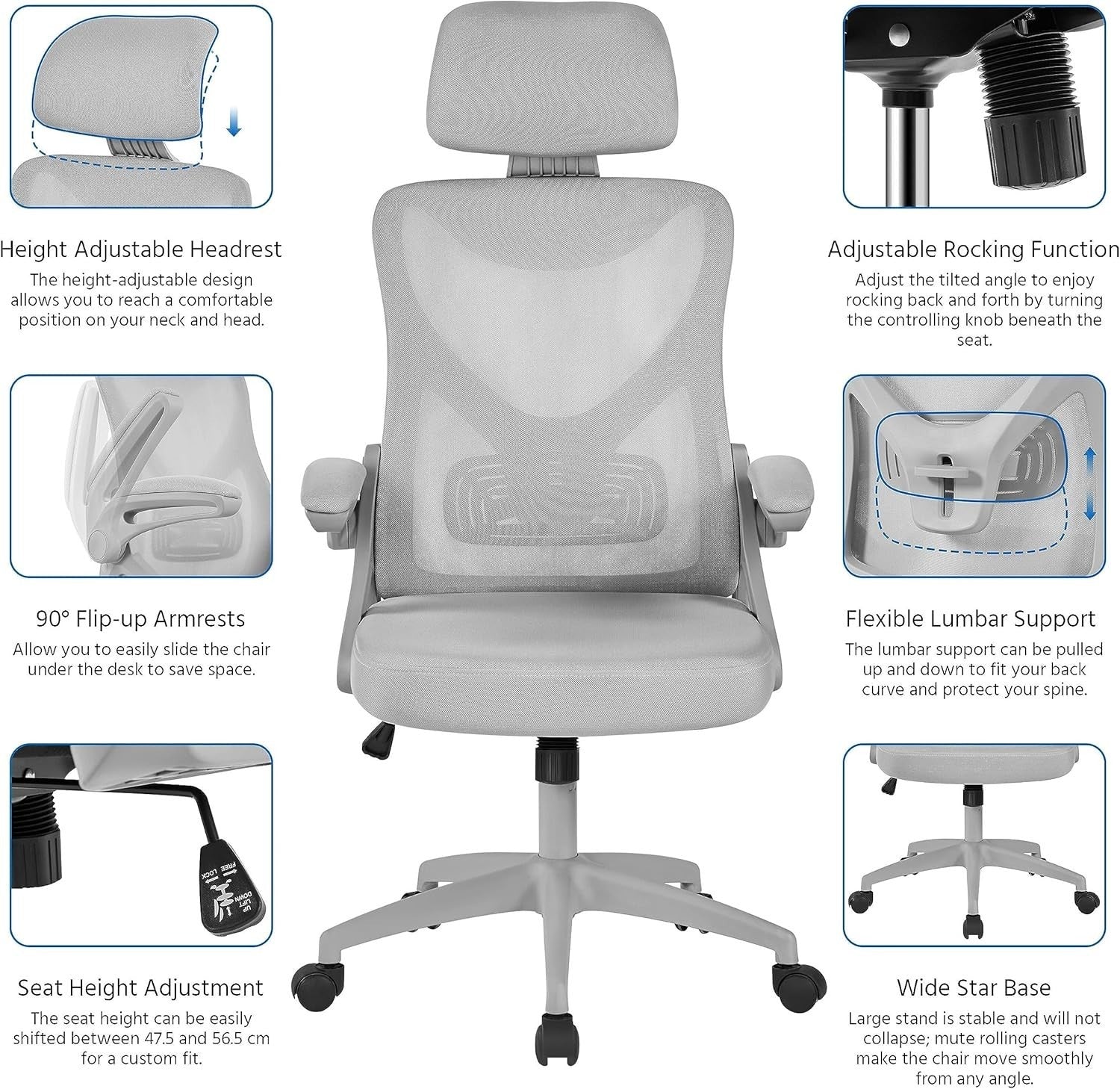 Ergonomic Mesh Office Chair Cushion Seat Headrest Adjustable Lumbar Support Grey