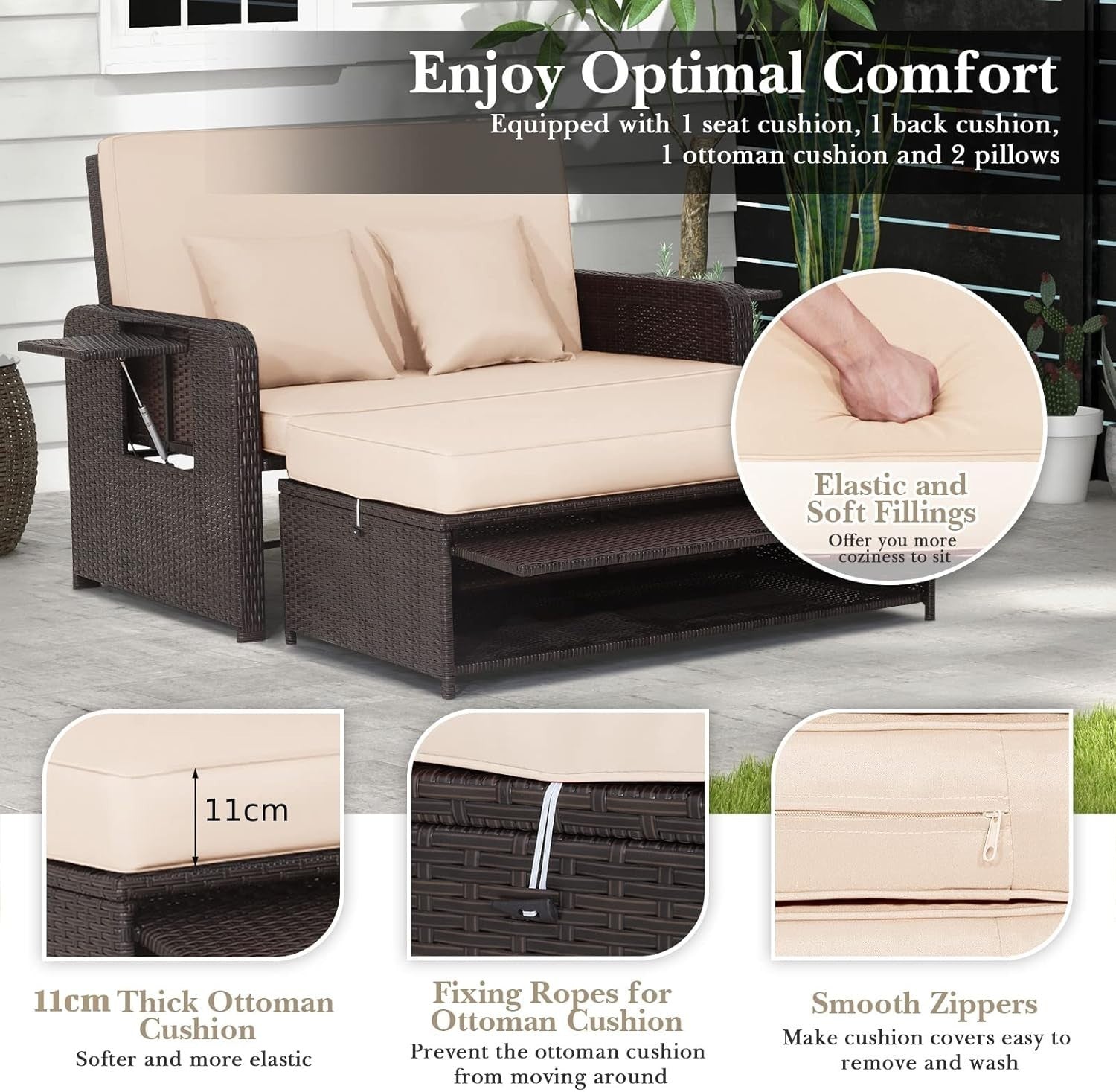 Beige+Brown 2-Seater Rattan Daybed Outdoor with Adjustable Back & Ottoman