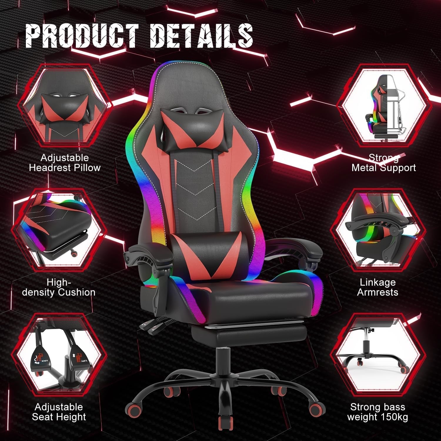 Gaming Chair Red LED High Back Reclining PU Leather Office Racing Seat Massage