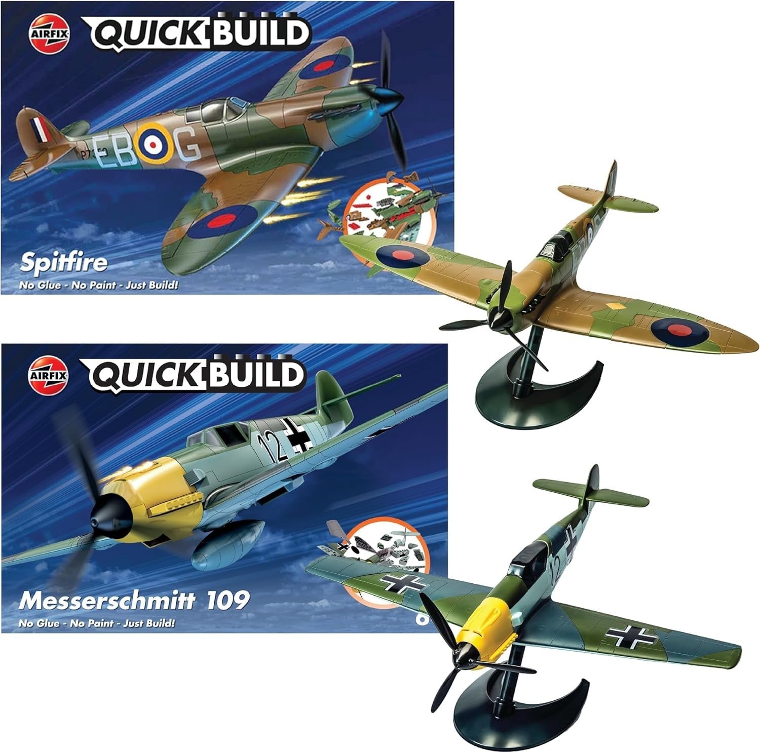 Snap-Together WWII Spitfire Bf109 Plane Kits 2-Pack Model Toys Kids 6+ Gift