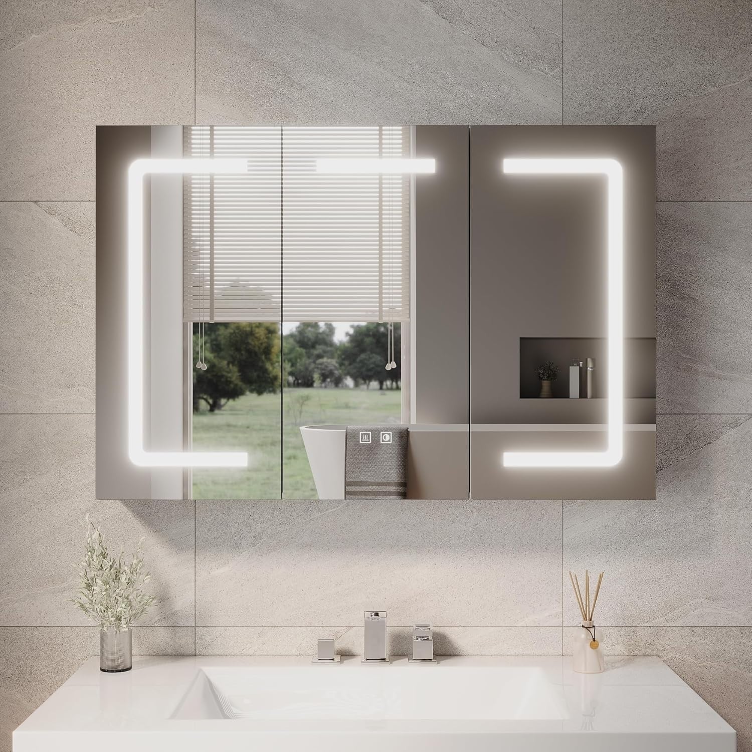 LED Bathroom Mirror Cabinet Triple Door with Anti-Fog, Shaver Socket