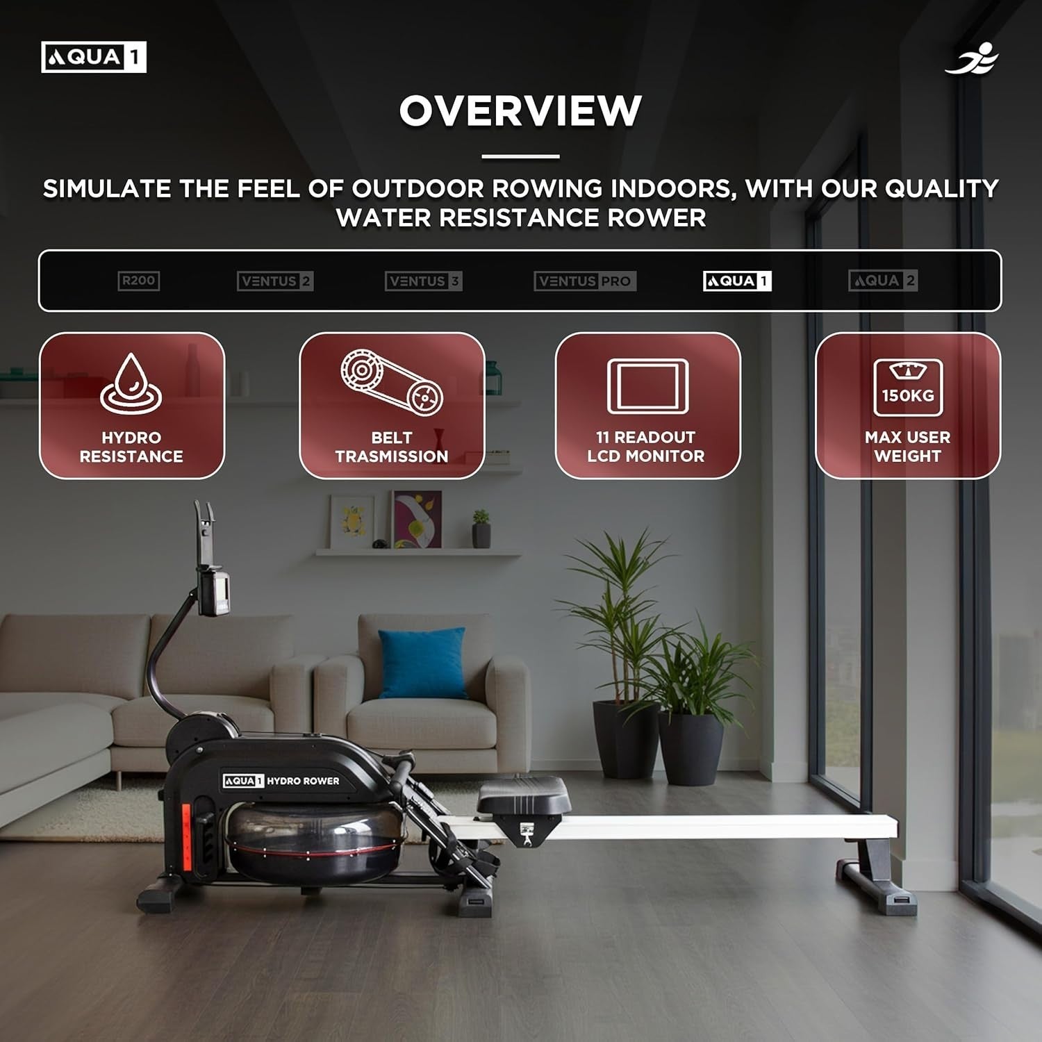 Hydro Water Rowing Machine Elastic Resistance LCD Home Rower Foldable 150KG