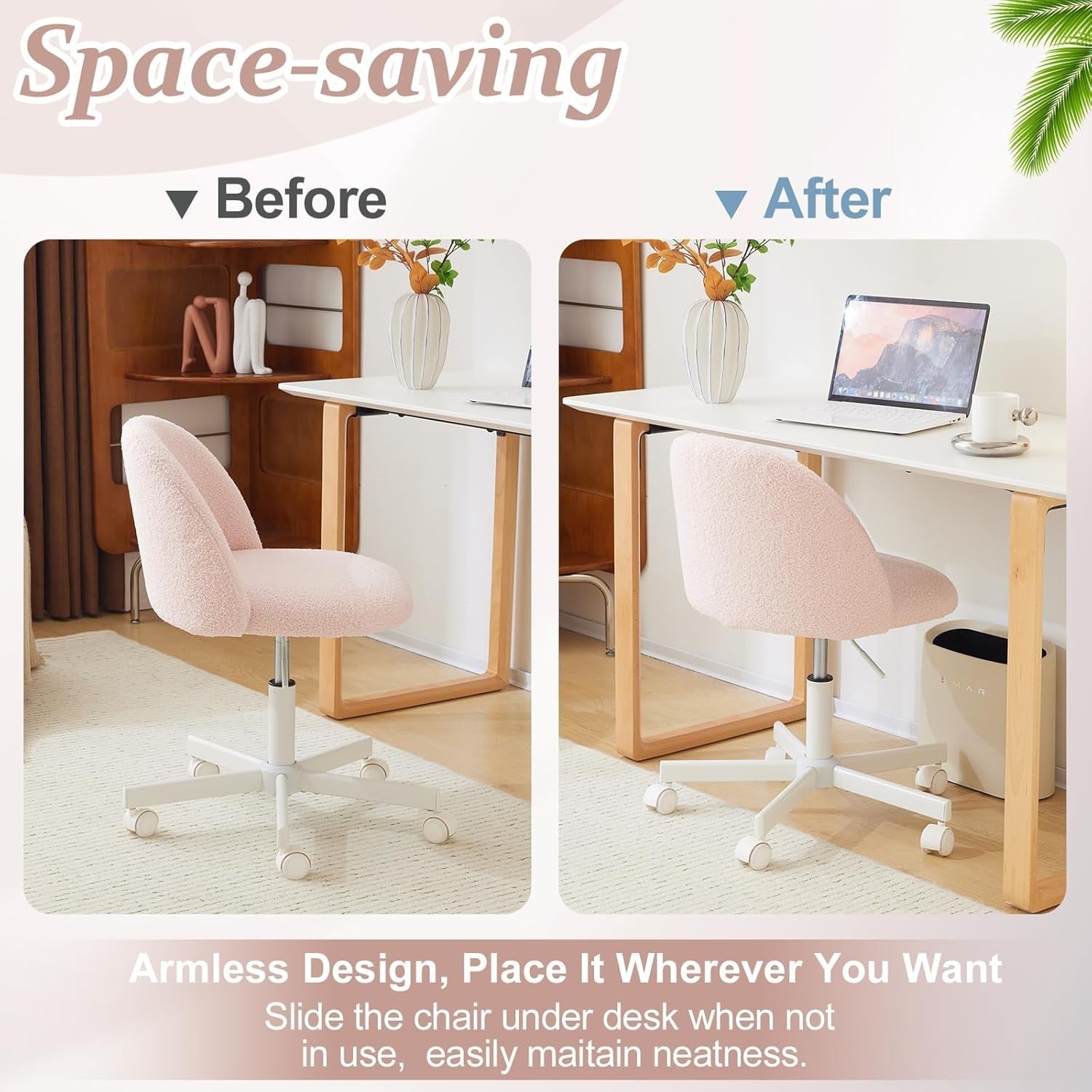 Gentle Pink Teddy Fleece Desk Chair – Adjustable Height Swivel Office Seat