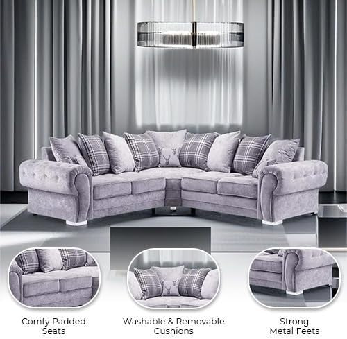 Grey Verona Chesterfield Corner Sofa w/ Footstool – 5 Seater Scatter Back