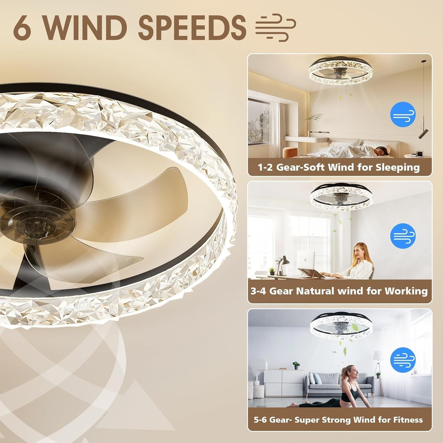 50CM LED Ceiling Fan Light, Remote & App Control, 6 Speeds, Black