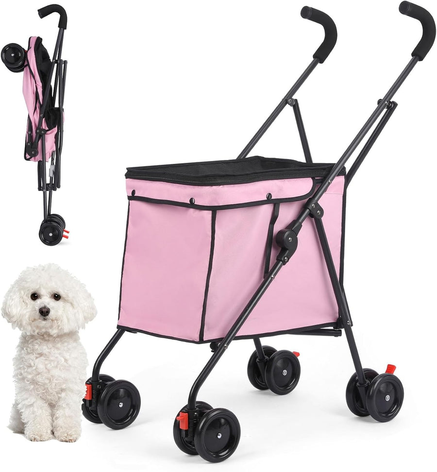 Pink Foldable Pet Shopping Cart Stroller 60lb Heavy Duty Utility Wagon
