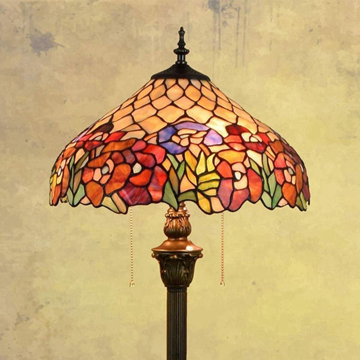 Stained Glass Floor Lamp 63" Tall | Vintage Resin Base, 16" Shade, E27