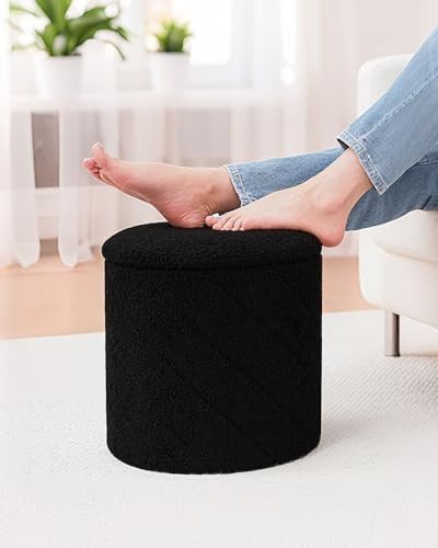 Black Round Storage Ottoman Footstool 3-in-1 Seat with Lid 33x33x35cm