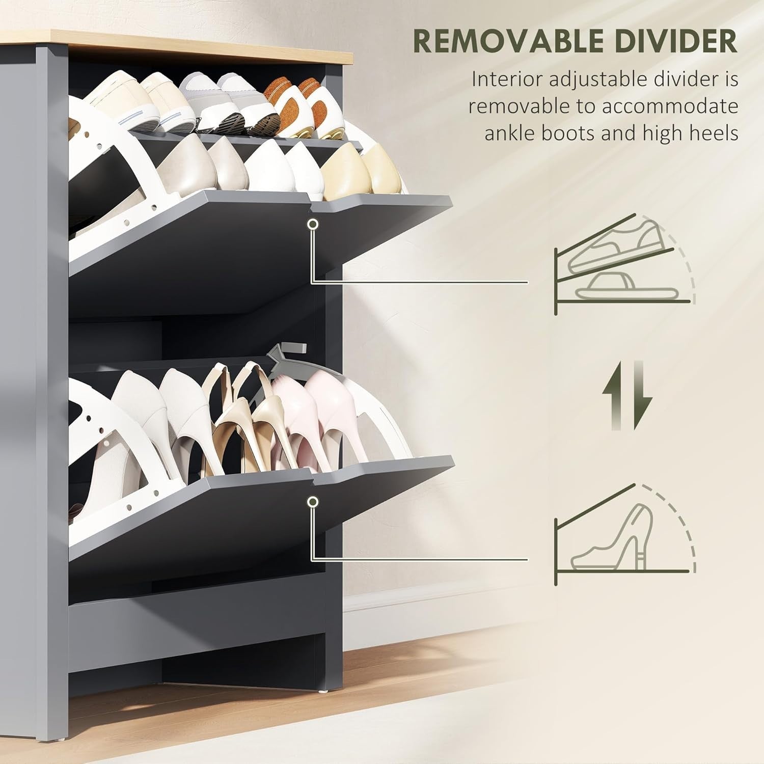 Space Saving Narrow Shoe Cabinet 2 Flip Drawers Adjustable Shelves Charcoal