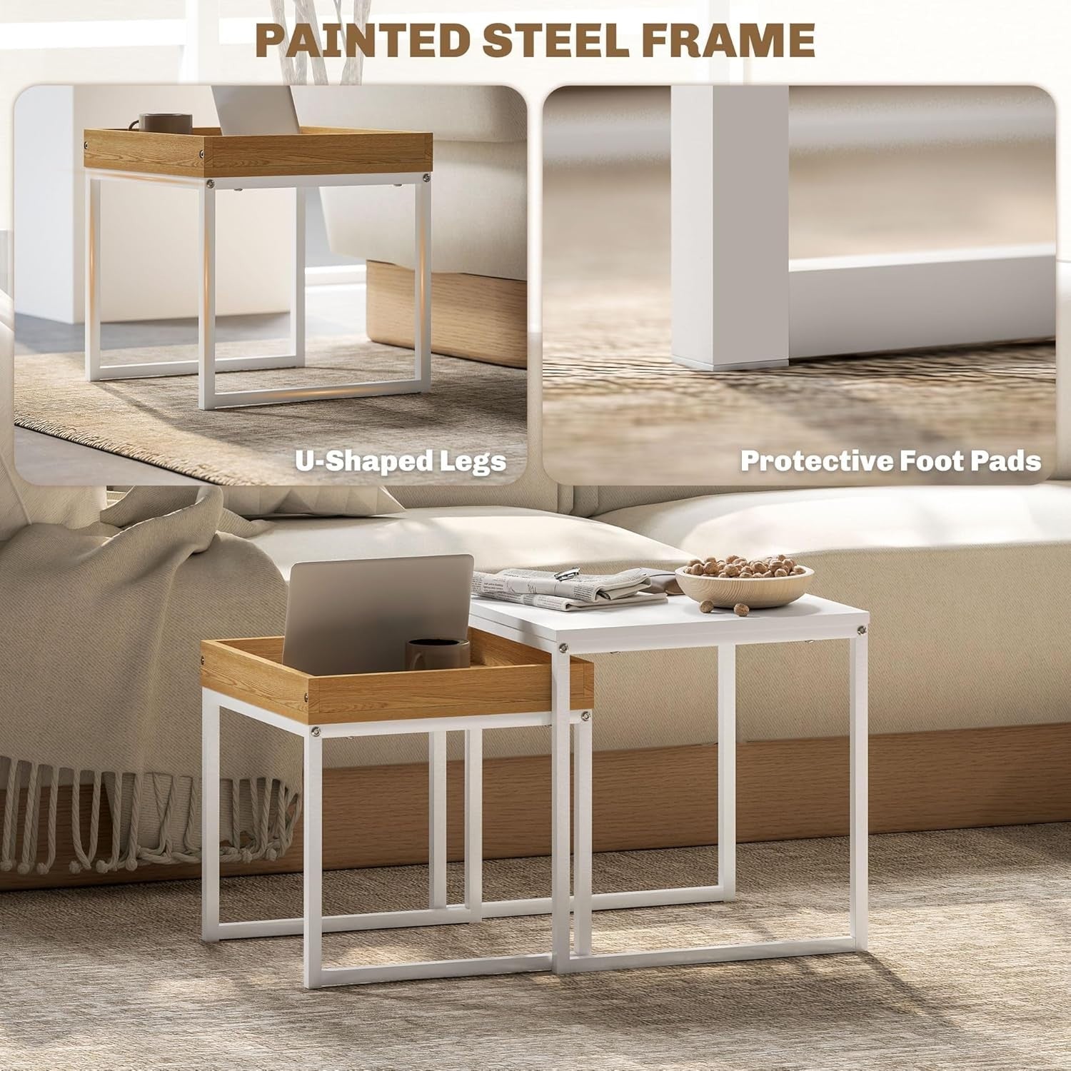 Modern Nesting Coffee Table Set Wood White Square Side End Tables Storage Tray T