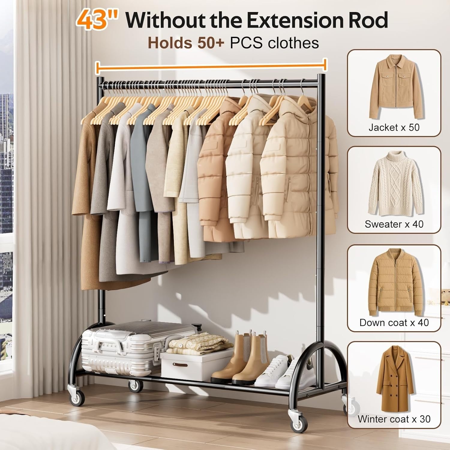 Heavy Duty Clothes Rail on Wheels with Shelf, Metal Rack Black