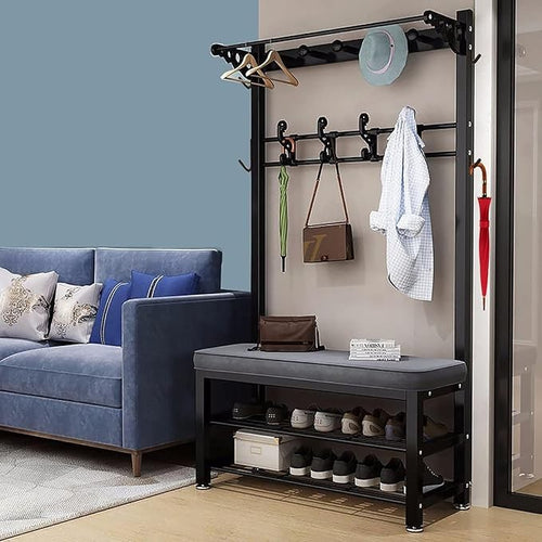 Metal Coat Rack with Shoe Bench & Hooks – 3-in-1 Entryway Storage Organizer 100c