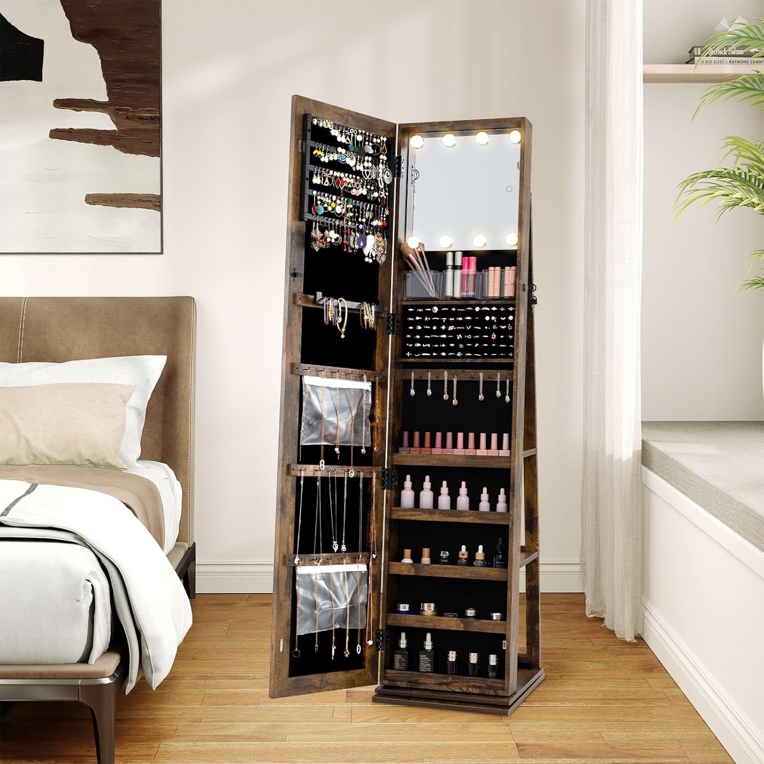 Rustic Brown Swivel Jewelry Cabinet LED Makeup Mirror Lockable Storage