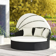 Outdoor Patio Rattan Round Daybed Sun Lounger w/ Retractable Canopy Cushions