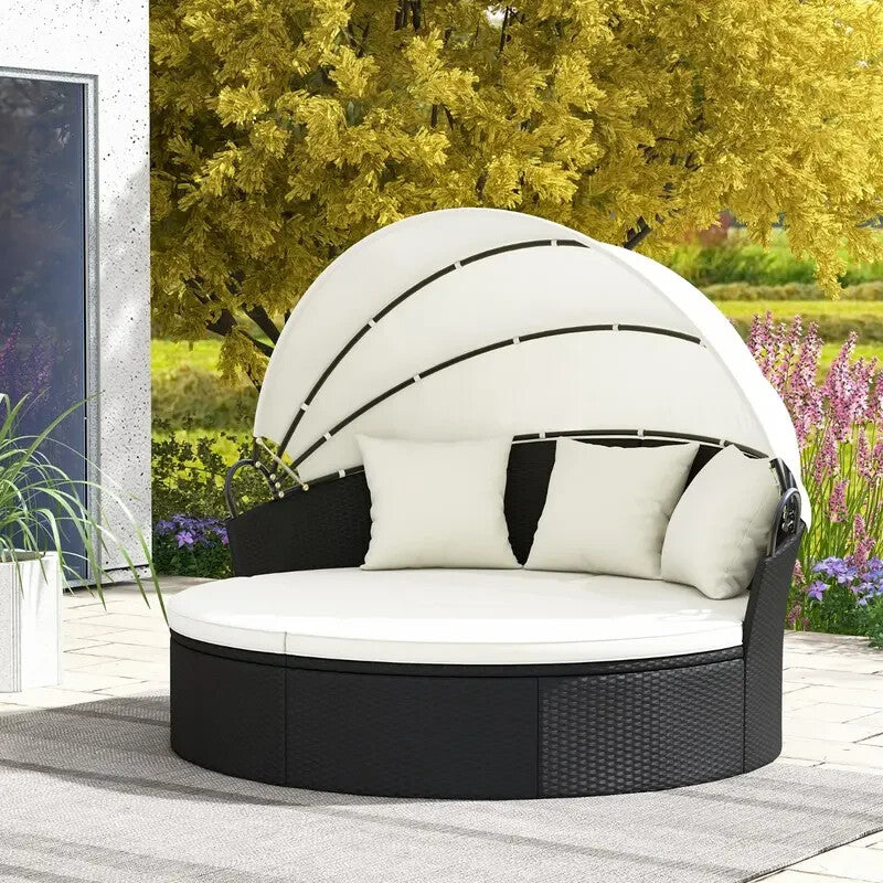 Outdoor Patio Rattan Round Daybed Sun Lounger w/ Retractable Canopy Cushions