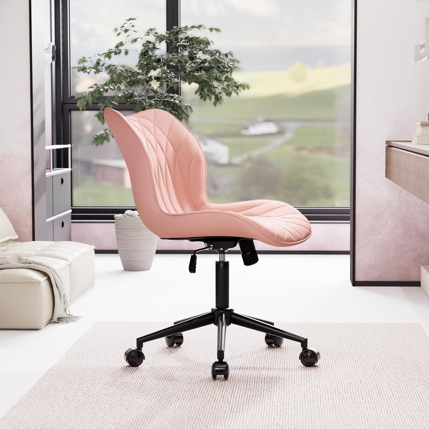 Pink Armless Swivel Office Desk Chair Ergonomic Faux Leather Adjustable Rocking