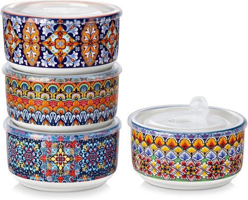 36oz Ceramic Bowls with Lids Set of 4 Bohemian Meal Prep Storage