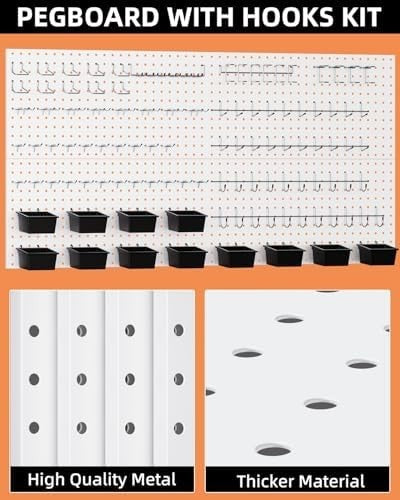 Metal Pegboard Wall Organizer Kit 48x24 Inch 158pcs Hooks White